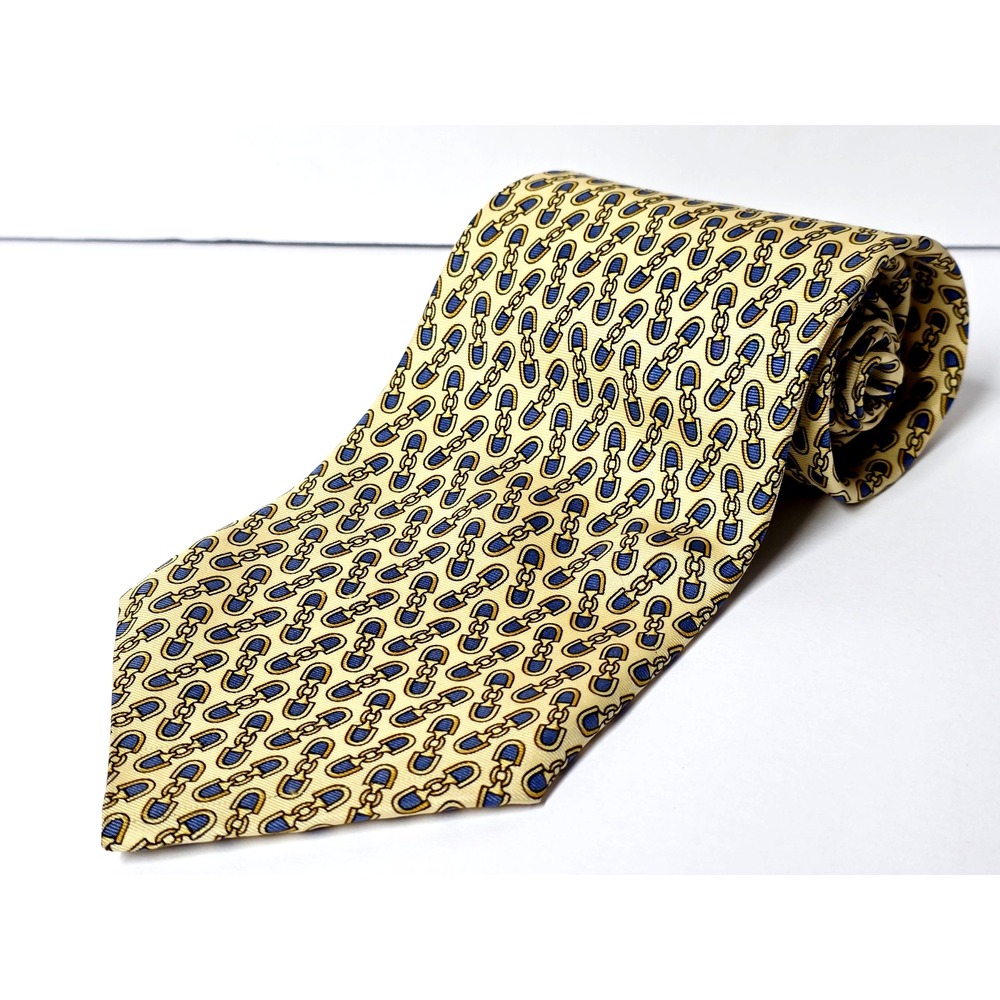 Paolo Gucci Necktie Mens OS Yellow Blue Equestrian Stirrup Chain Silk Italy